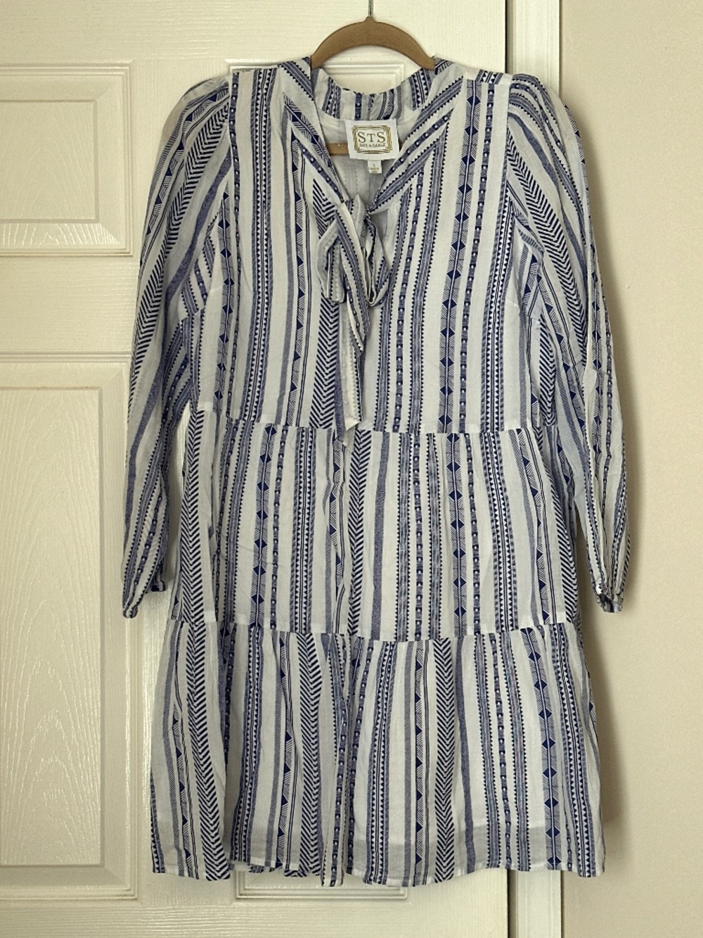 Sail to Sable Tunic Tiered Dress Striped Tie Neck Size Small Cotton Resortwear